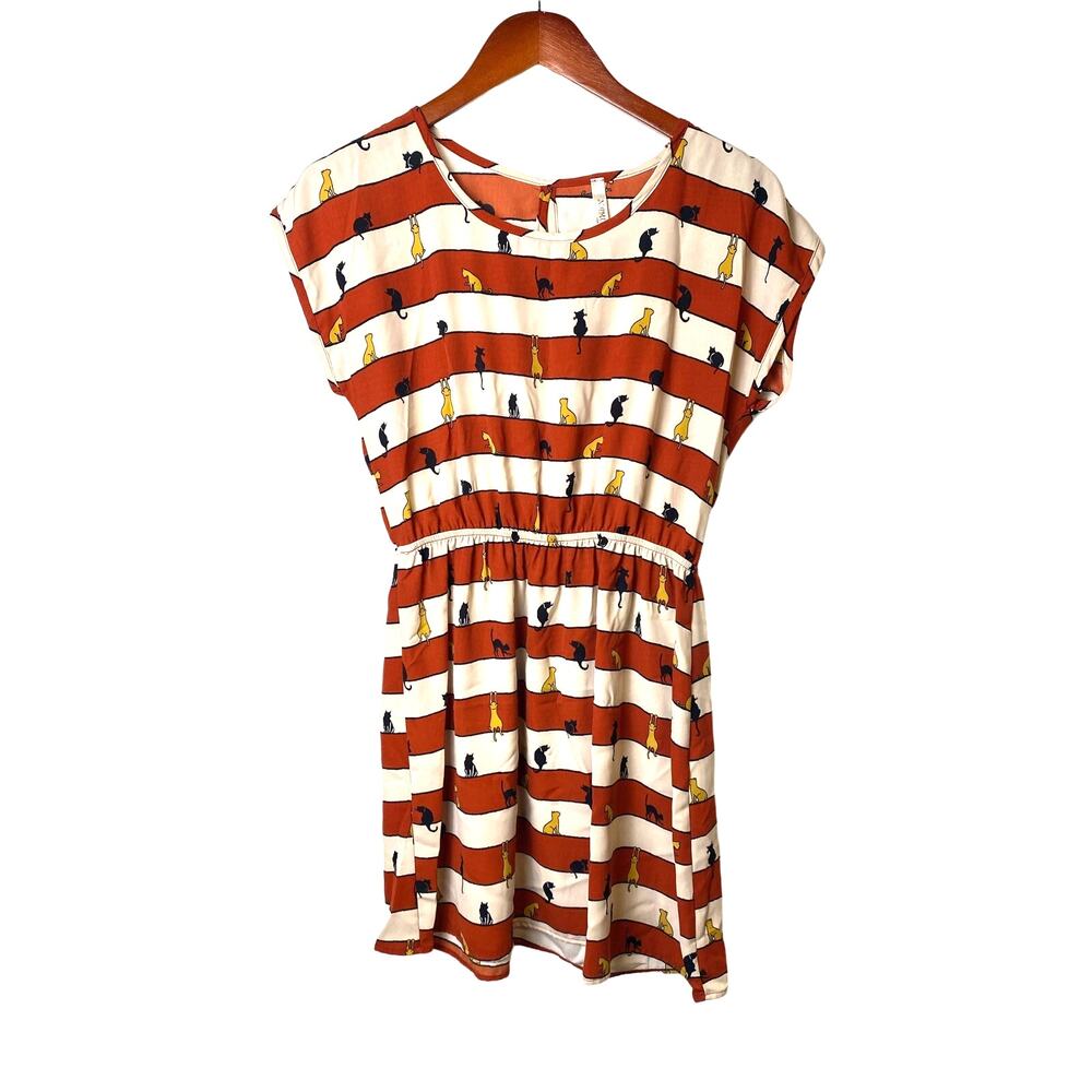 Namu USA Women's Cream Orange Striped Gather Waist Cat Dress Size Medium